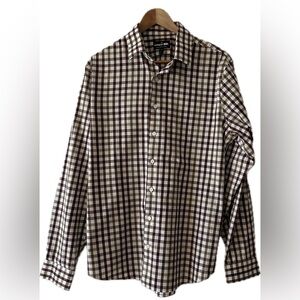 Express 1MX - Men's Slim Stretch Cotton Brown Gingham / Checkered Dress Shirt